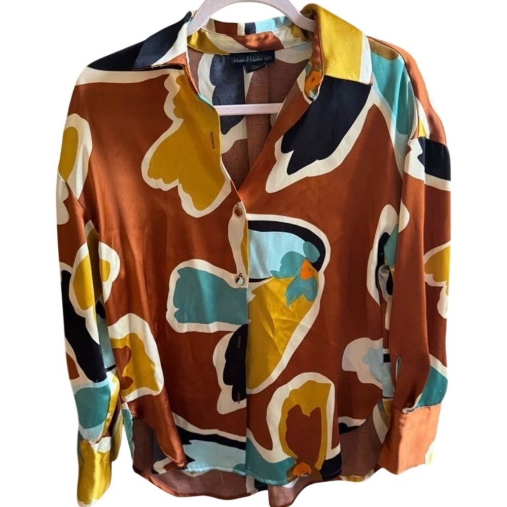 House of Harlow 1960 Abstract Print Silk Button Up Shirt